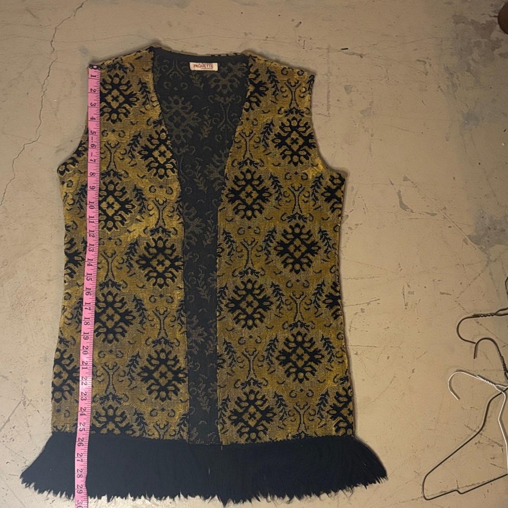 60’s Vintage Carpet Vest Mustard Yellow and Black with Fringe - Picture 4 of 12